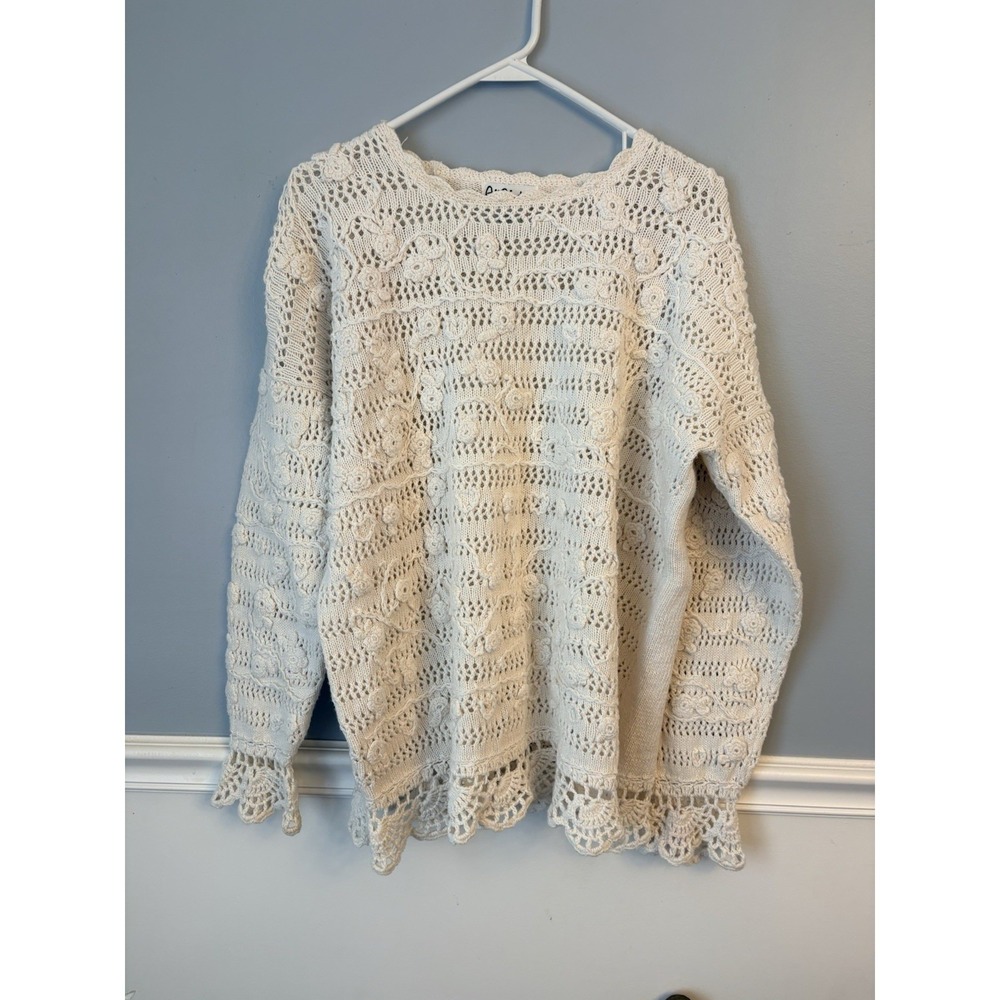 All Points by Reference Point Cream Crochet Open Knit Ramie Cotton Sweater Large